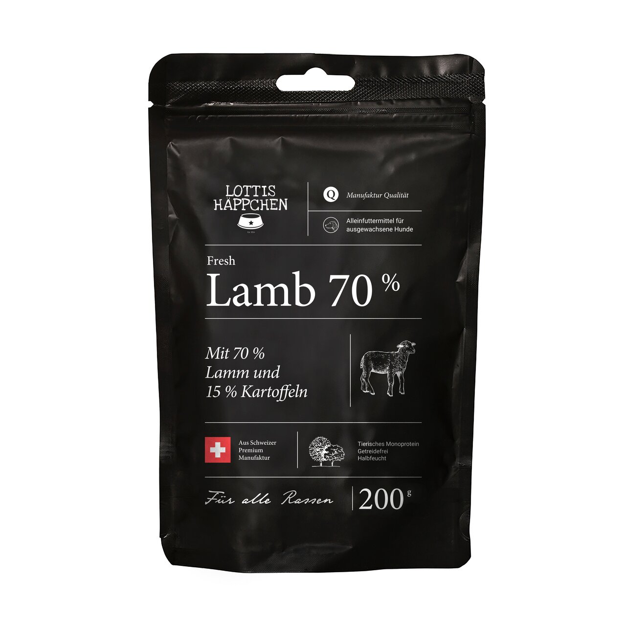 LOTTIS HÄPPCHEN Fresh Lamb 70 %, Alleinfutter für Hunde, monoprotein, mit Lamm, Kartoffeln, 200 g, für alle Rassen.