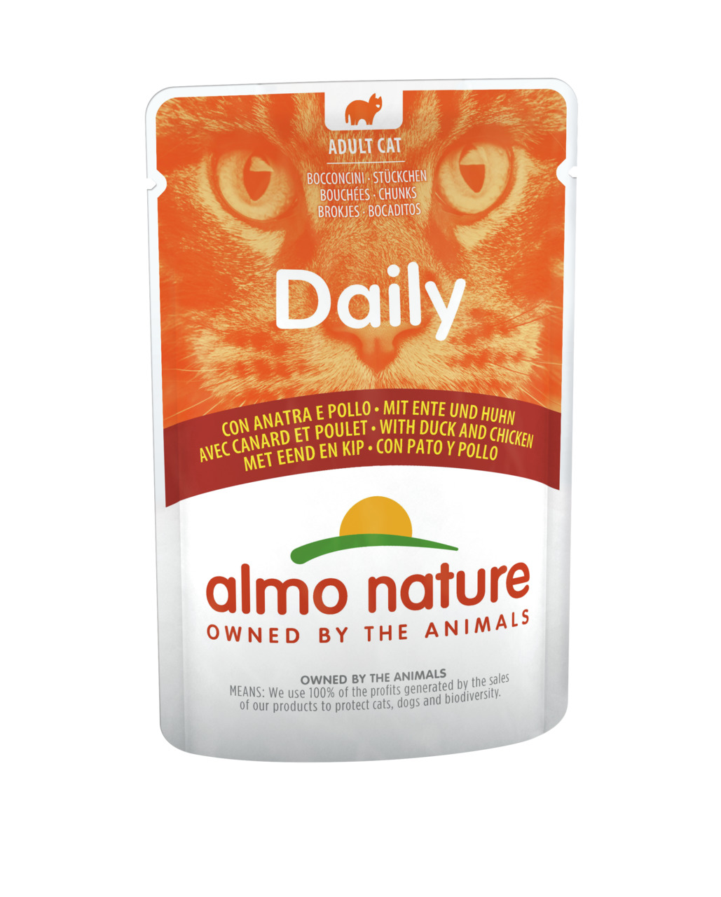 Almo Nature Daily Katzenfutter, Ente & Huhn, für ausgewachsene Katzen, saftige Stückchen in Sauce, 100 % Gewinn für Tierschutz.
