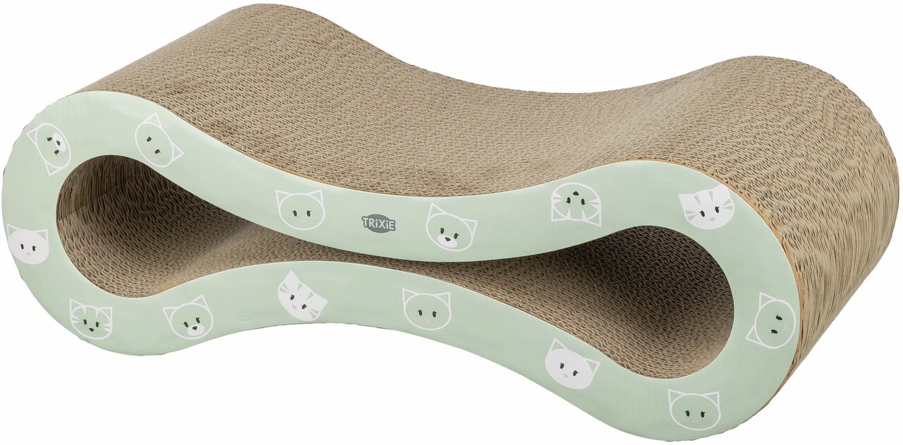 Kratzmöbel TRIXIE für Katzen, geschwungene Form, Wellkarton, mintgrüne Umrandung, Katzenmotive, ideal zum Kratzen & Spielen.