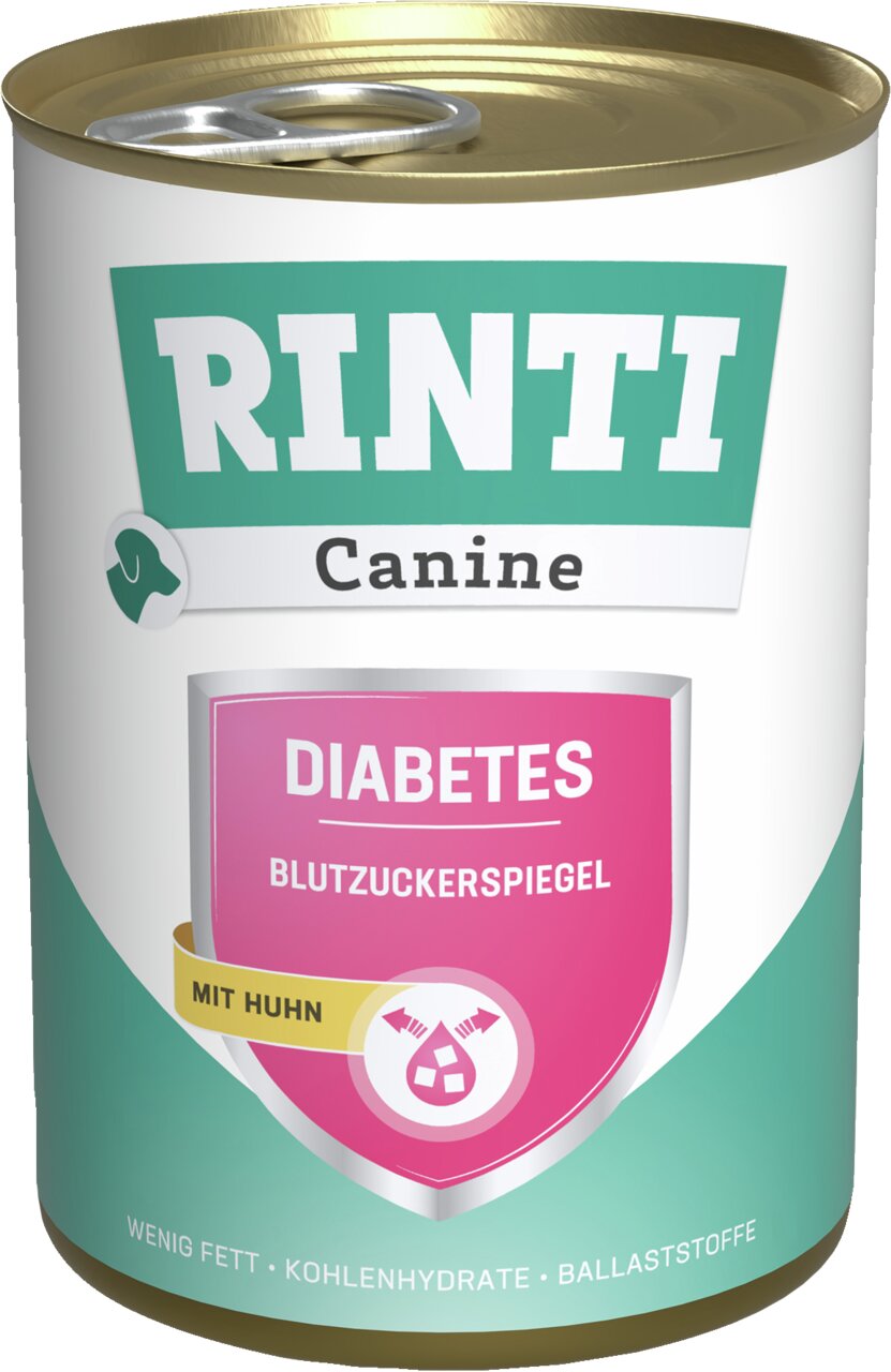 RINTI Canine Diabetes Huhn, Spezialfutter f. Hunde, reg. Blutzucker, wenig Fett-Kohlenhydrate-Ballaststoffe, Dose.