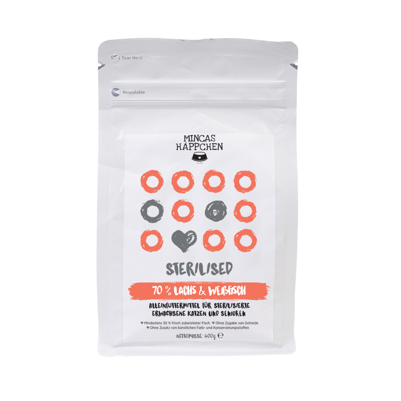 MINCAS HÄPPCHEN Sterilised, für sterilisierte Katzen-Senioren, 70 % Lachs & Weißfisch, 400 g, getreidefrei, ohne künstl. Zusätze.