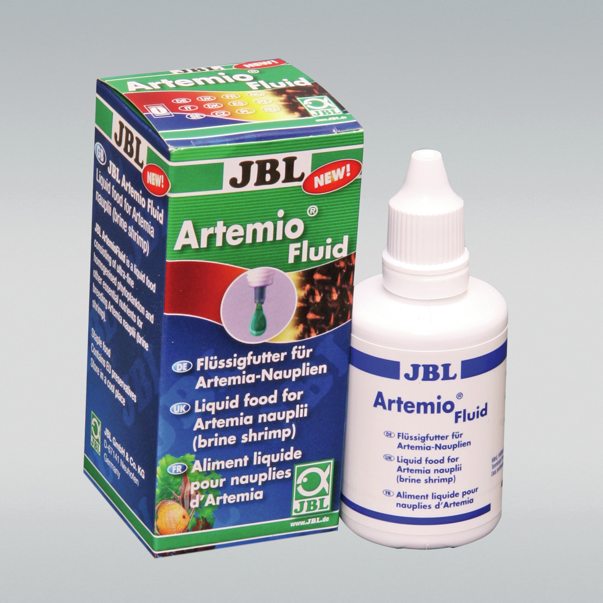 JBL Artemio Fluid, Flüssigfutter f. Artemia-Nauplien, Aufzucht Artemia-Krebse, 50 ml, grün-blaue Verpackung, Dosierspitze.