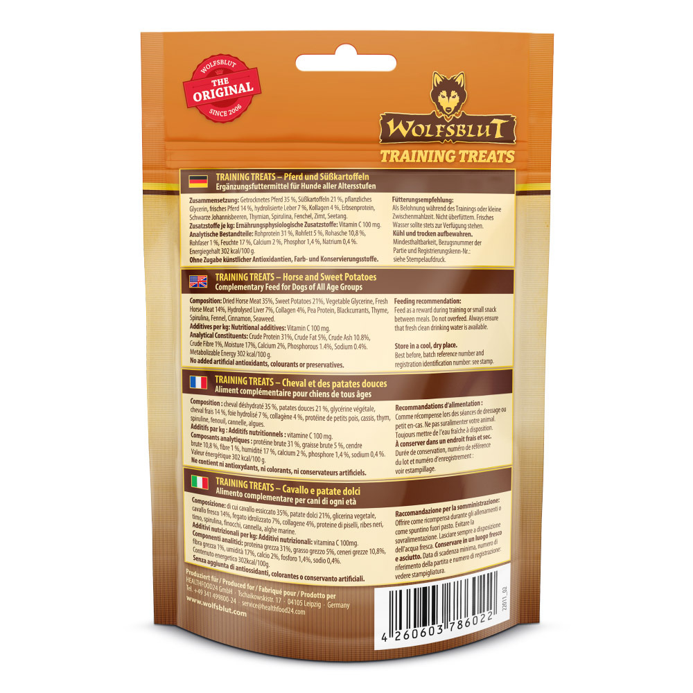 Wolfsblut Training Treats, Hund, Pferd & Süßkartoffeln, nat. Inhaltsstoffe, ohne künstl. Zusätze, 50 g.