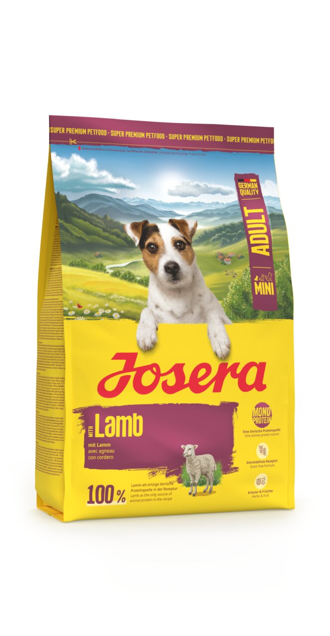 Josera Mini Adult mit Lamm, für ausgewachsene Hunde kleiner Rassen, monoprotein, getreidefrei, 100 % natürlich, 900 g.