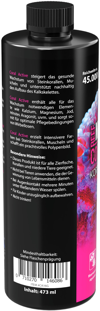 Das Bild zeigt eine schwarze Flasche des Produkts "MICROBE-LIFT Coral Active" mit einem Inhalt von 473 ml. Es ist ein Pflegeprodukt für Meerwasseraquarien, das das Wachstum von Steinkorallen, Muscheln und Kalkskeletten fördert. Die Flasche enthält Hinweis