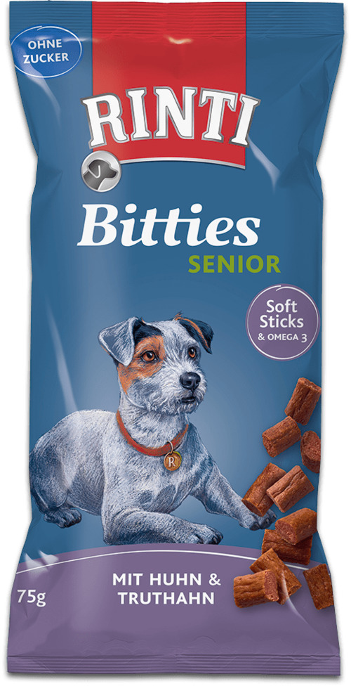 Sparpaket 2 x 75 g Rinti Bitties Senior Soft Sticks mit Huhn & Truthahn Hunde Snack