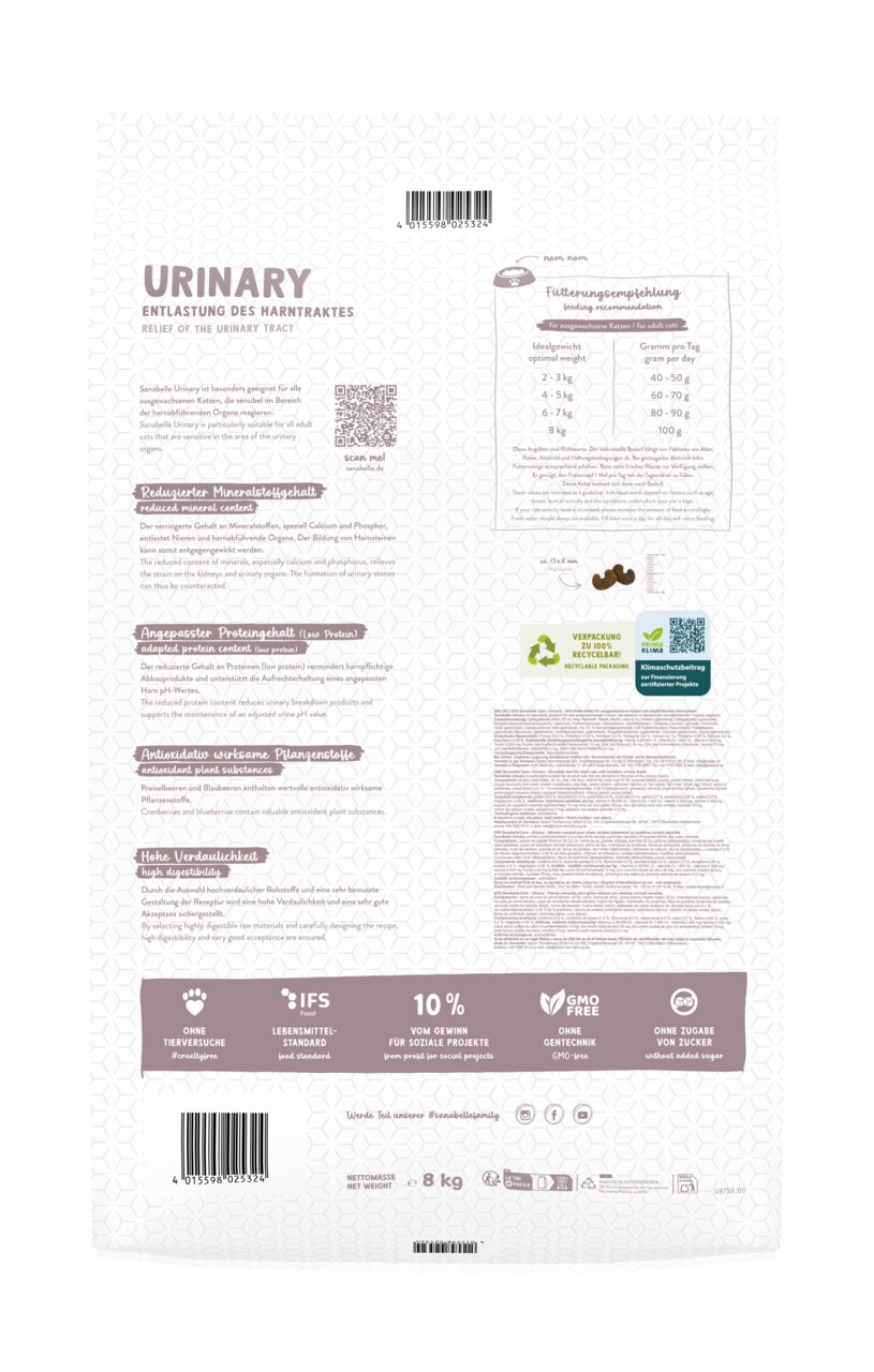 Sanabelle Urinary Katzenfutter, für ausgewachsene Katzen, 8 kg, entlastet Harnwege, ohne Gentechnik, hohe Verdaulichkeit.