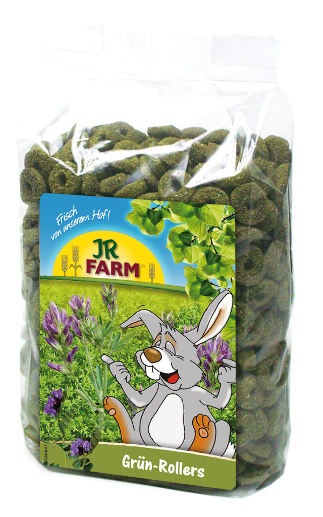 JR FARM Grün-Rollers, Ergänzungsfutter für Kaninchen & Nager, grüne Pellets, 500 g, mit fröhlichem Hasen auf Etikett.