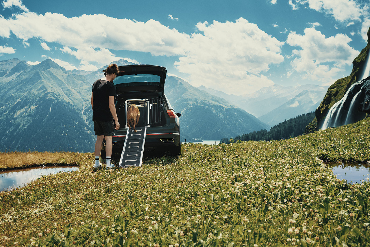 4pets Hundebox: Sicher & komfortabel für Hunde unterwegs. Mit rutschfester Rampe, ideal für Berglandschaften.