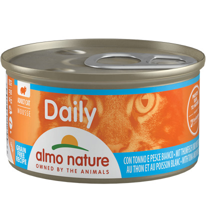 Almo Nature Daily Mousse, erw. Katzen, Thunfisch & Weißfisch, getreidefrei, 85 g. Ideal für naturnahe Katzenliebhaber.