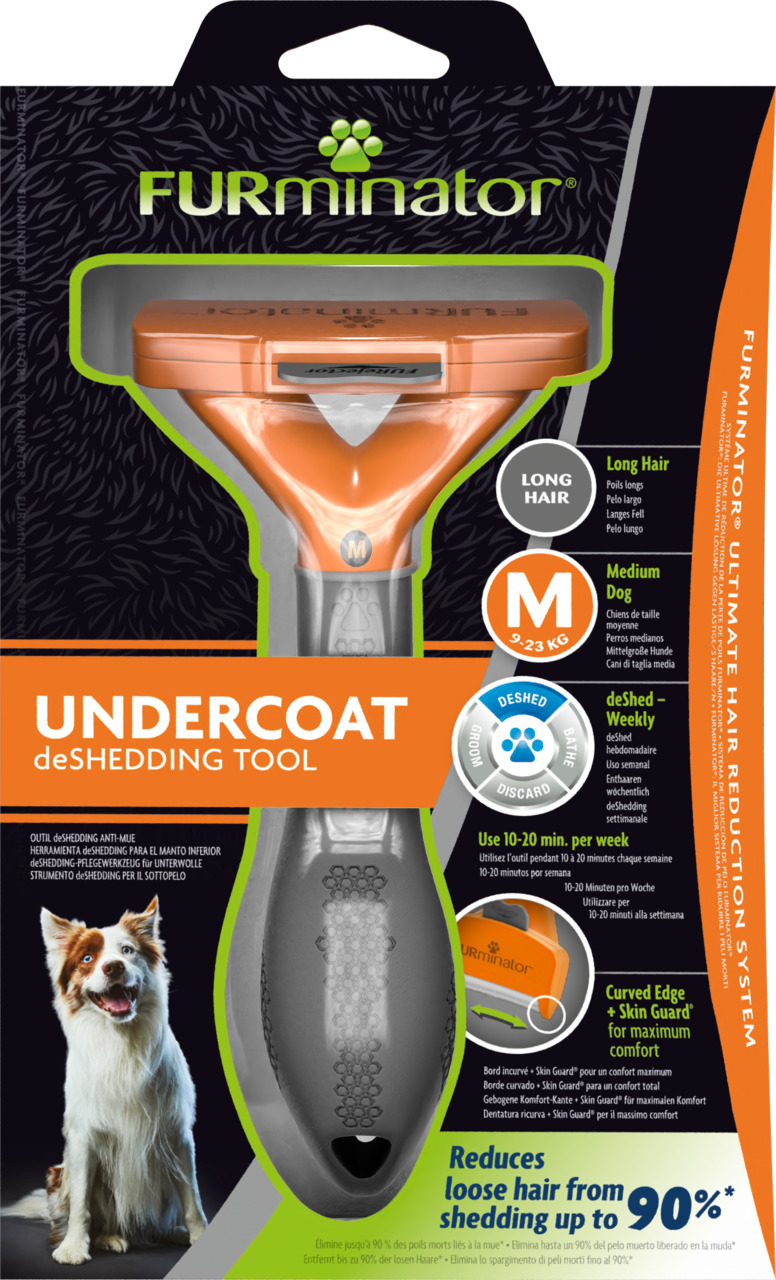 FURminator Undercoat deShedding Tool, Hunde, mittelgroß, langes Fell, reduziert loses Fell bis 90 %, ergonomisch, 10-20 Min/Woche.