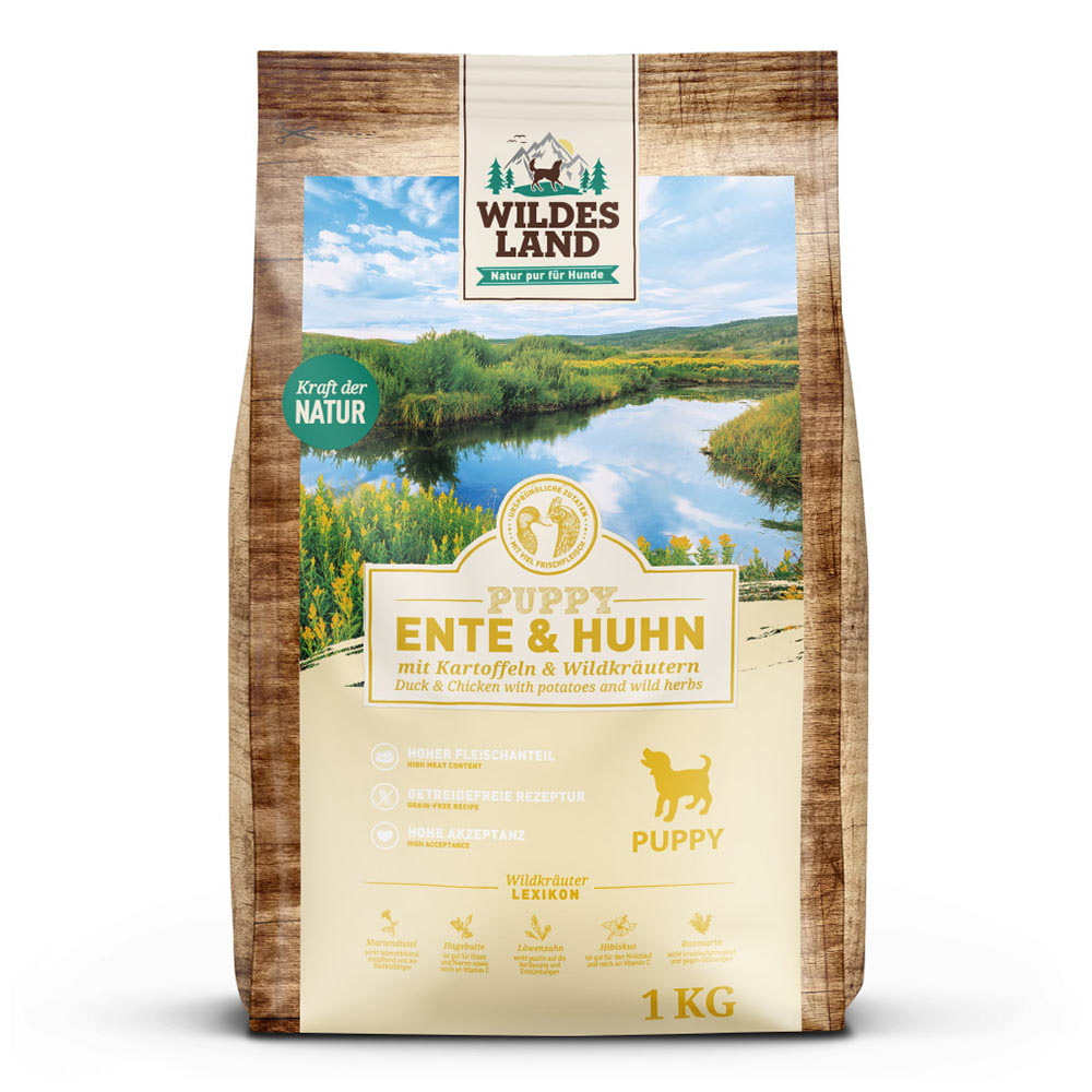 Wildes Land Puppy Ente & Huhn, 1 kg, für Welpen, mit Kartoffeln & Wildkräutern, getreidefrei, hoher Fleischanteil, hohe Akzeptanz.