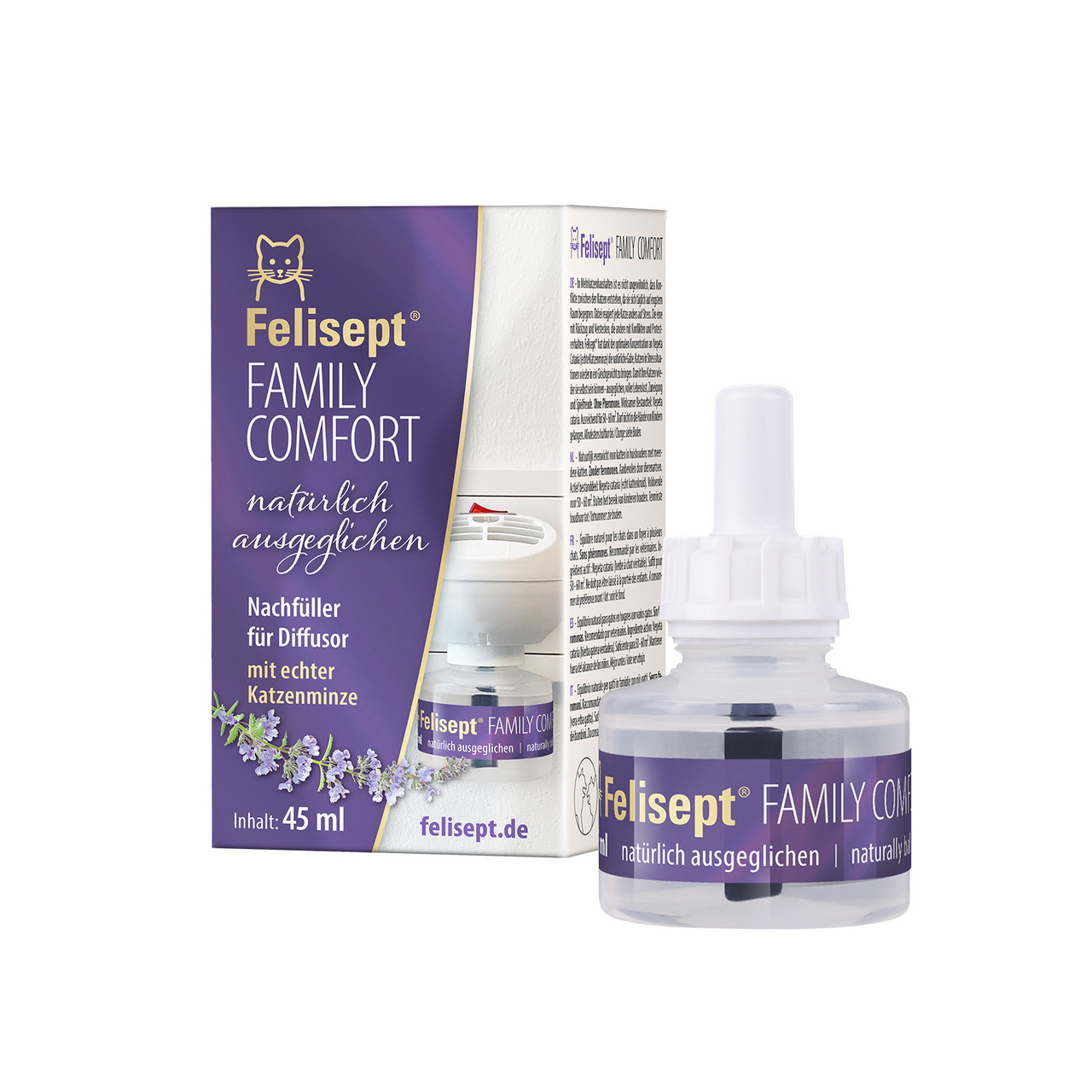 Das Bild zeigt das Produkt "Felisept Family Comfort Nachfüller" der Marke Felisept. Es handelt sich um einen Nachfüller für einen Diffusor, der speziell für Katzen entwickelt wurde. Der Nachfüller enthält echte Katzenminze und soll eine beruhigende Wirkun