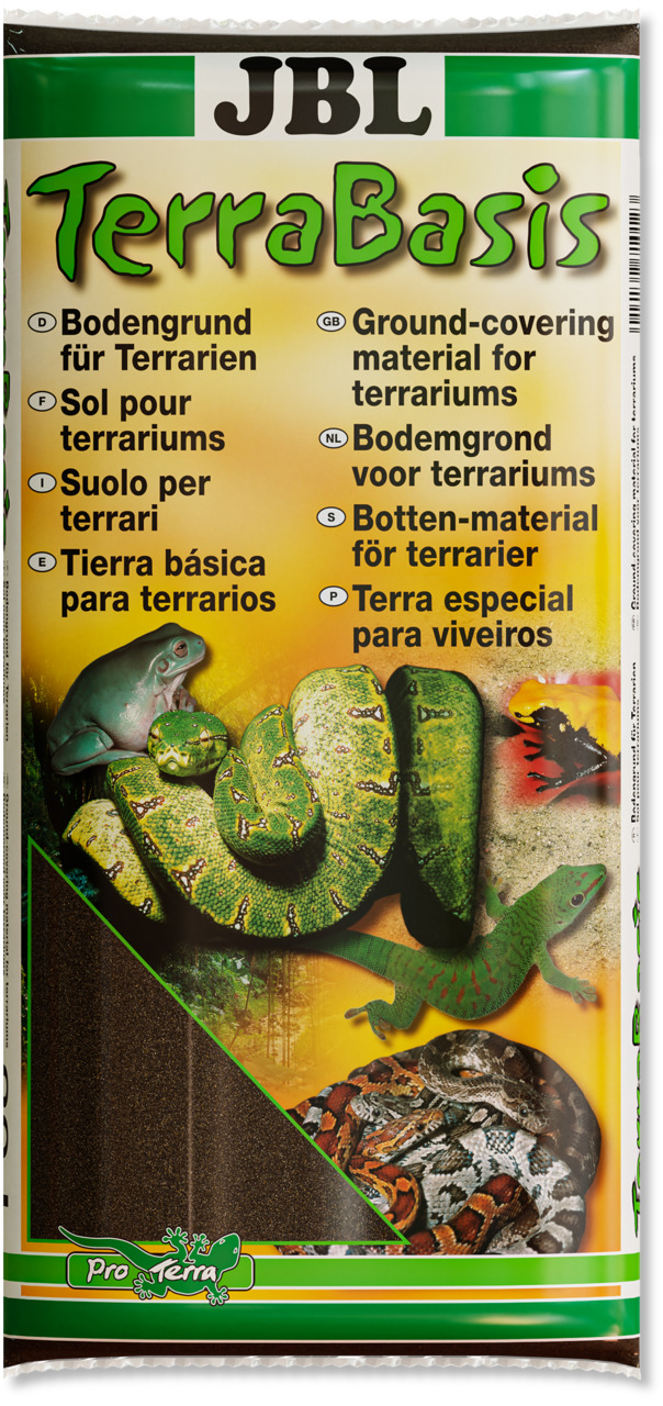 JBL TerraBasis: Bodengrund für Terrarien, für Reptilien & Amphibien. Grüne/gelbe Verpackung mit Reptilienmotiven.