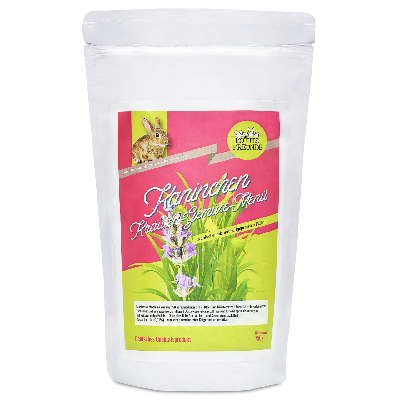 Lottis Freunde Kaninchen Kräuter-Gemüse-Menü, Alleinfutter f. erw. Kaninchen, Kräuter+Gemüse, 750 g, dt. Qualitätsprodukt.