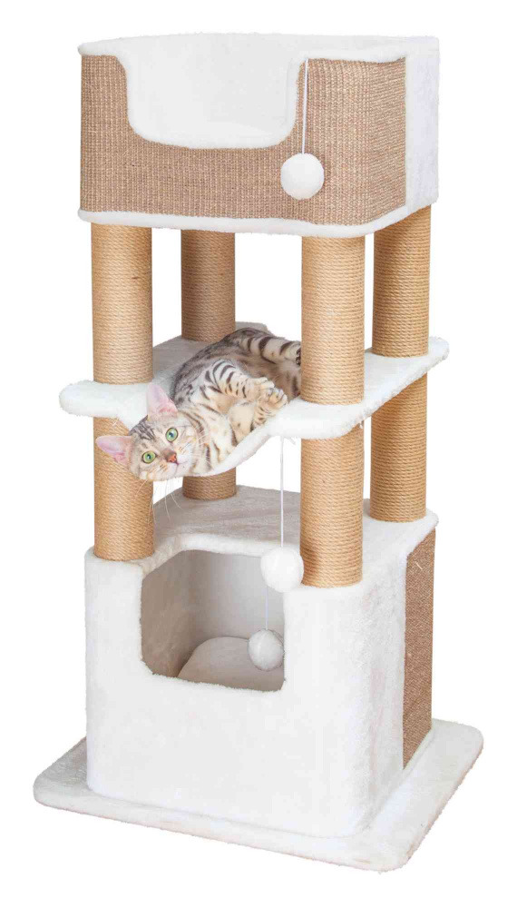 Das Bild zeigt den TRIXIE Kratzbaum „Filippo“, ein hochwertiges Produkt für Katzen. Der Kratzbaum ist ideal für Katzen aller Altersgruppen und bietet mehrere Ebenen zum Spielen, Klettern und Ausruhen. Er besteht aus robustem Sisal und weichem Plüsch. Eine