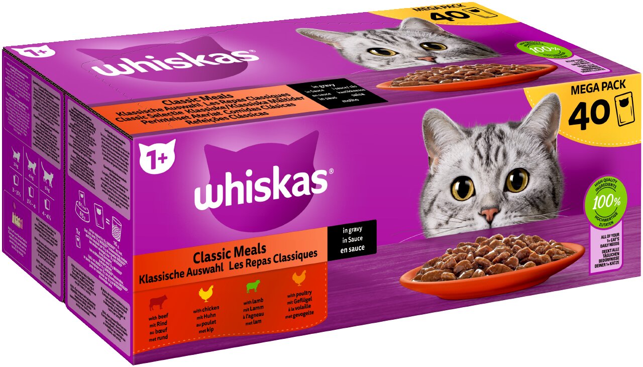 Whiskas Classic Meals Mega-Pack, Katzen ab 1 Jahr, Rind-Huhn-Lamm-Geflügel in Sauce, 40 Portionsbeutel.