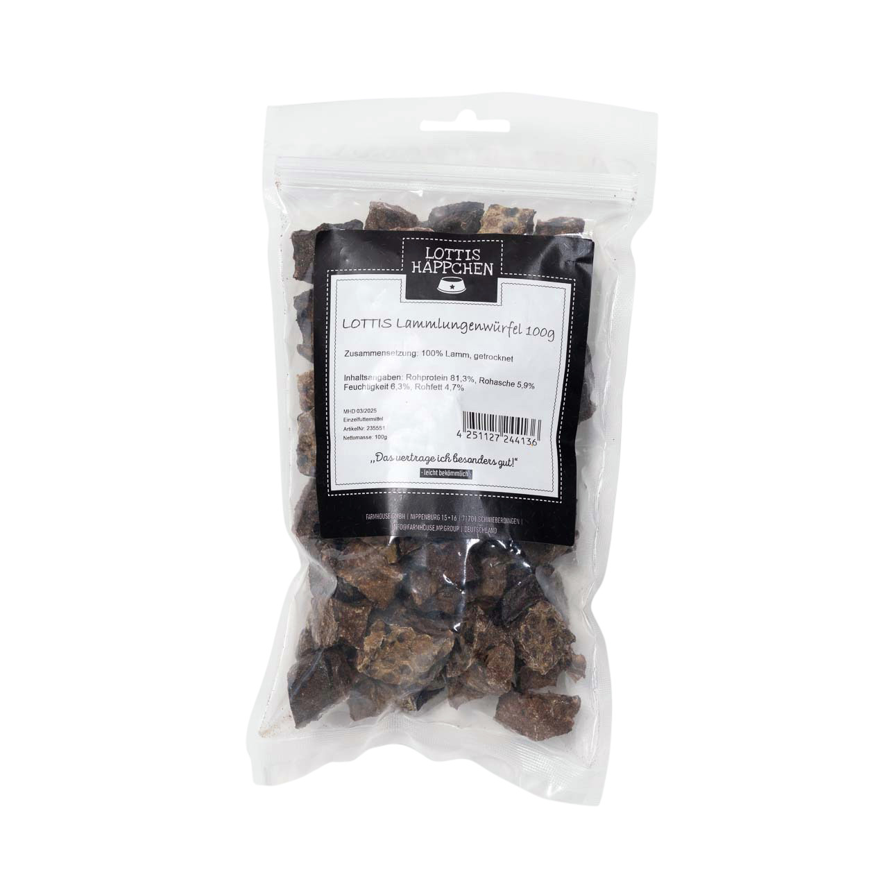 Das Bild zeigt eine transparente Verpackung mit der Aufschrift „LOTTIS HÄPPCHEN Lammlungenwürfel 100g“. Die Marke „LOTTIS HÄPPCHEN“ bietet dieses Produkt speziell für Hunde an. Es handelt sich um getrocknete Lammlungenwürfel, die zu 100 % aus Lamm bestehe