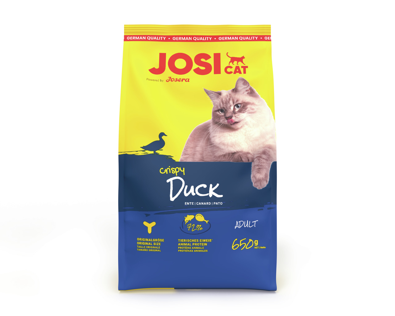 Das Bild zeigt eine gelb-blaue Verpackung des Katzenfutters „JosiCat Crispy Duck“ von der Marke Josera. Es ist für ausgewachsene Katzen (Adult) geeignet und hat die Geschmacksrichtung Ente. Die Verpackung enthält 650 g. Werbeaussagen wie „72 % tierisches 