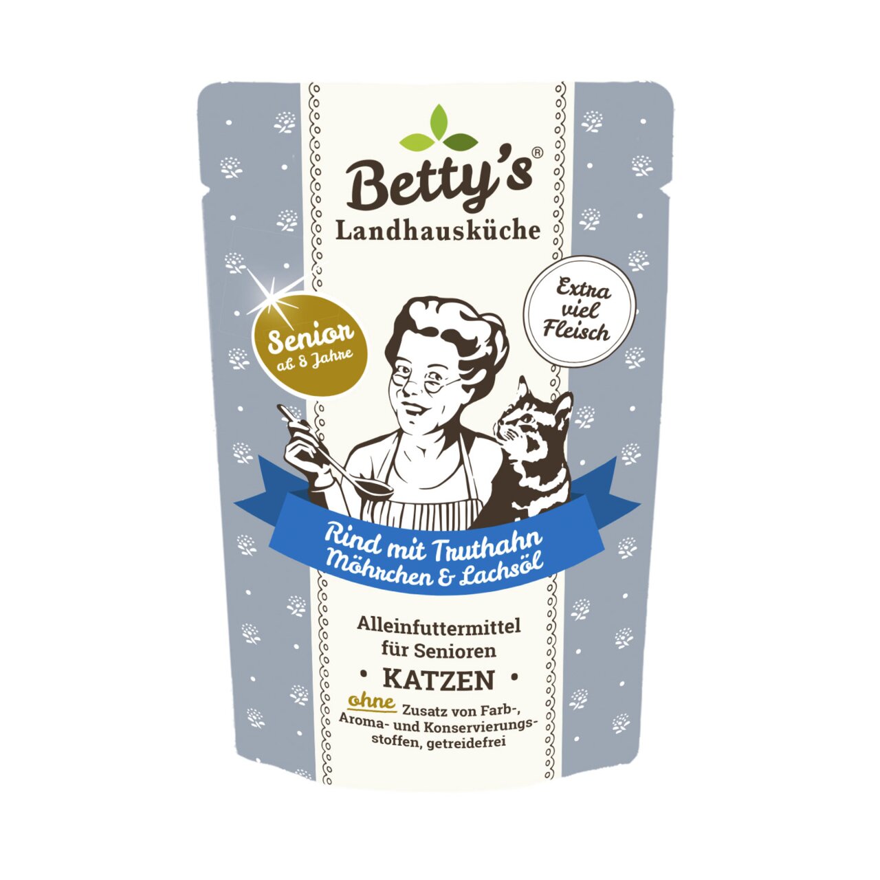 Betty’s Landhausküche Katzenfutter Senior ab 8 Jahre, Rind mit Truthahn, Mährchen und Lachsöl, extra viel Fleisch.