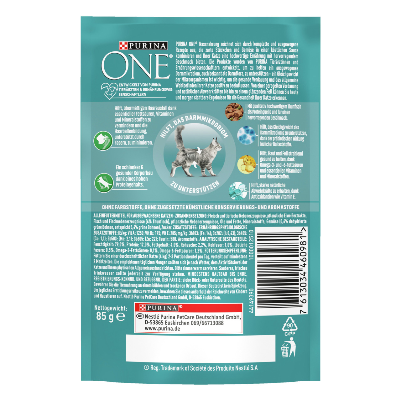 Purina ONE Bifensis Katzenfutter, Thunfisch & Vollkorn, 85 g, für ausgewachsene Katzen, unterstützt Darmmikrobiom & ausgewogene Ernährung.