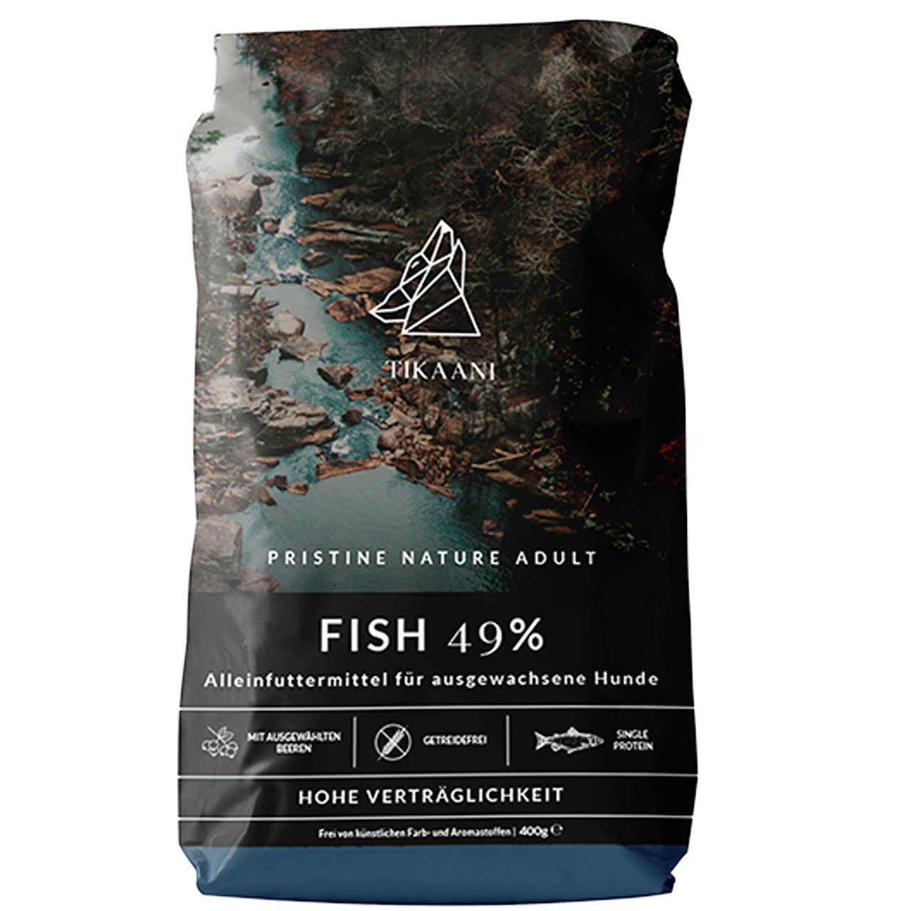 TIKAANI Pristine Nature Adult, Alleinfuttermittel f. Hunde, 49 % Fisch, getreidefrei, Single-Protein, Beeren, 400 g.