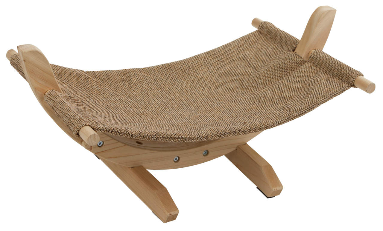 Hängematte für Katzen der Marke KERBL, geeignet für Katzen aller Größen. Das Produkt besteht aus einem stabilen Holzgestell und einer Liegefläche aus robustem, gewebtem Stoff in Naturfarben. Ideal für Entspannung und Schlaf. Maße und Gewicht sind auf dem 