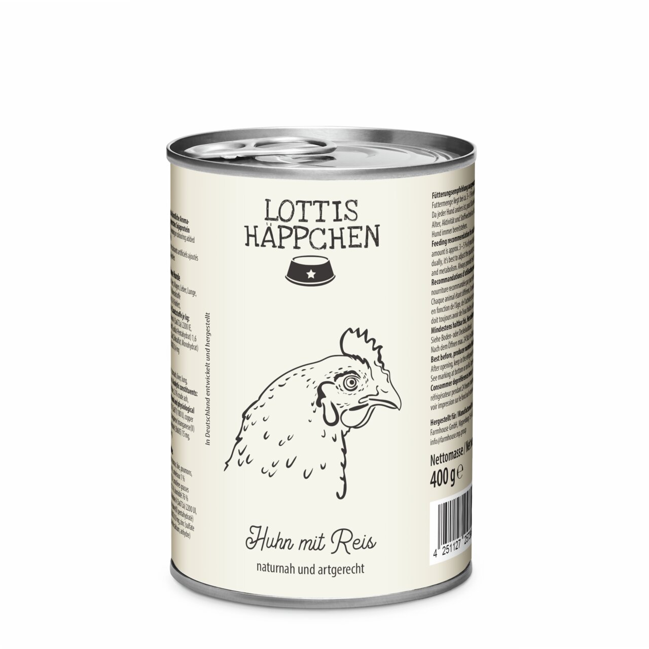 LOTTIS HÄPPCHEN Huhn mit Reis, Hundefutter, naturnah und artgerecht, Geschmack Huhn, Nettomasse 400 g.
