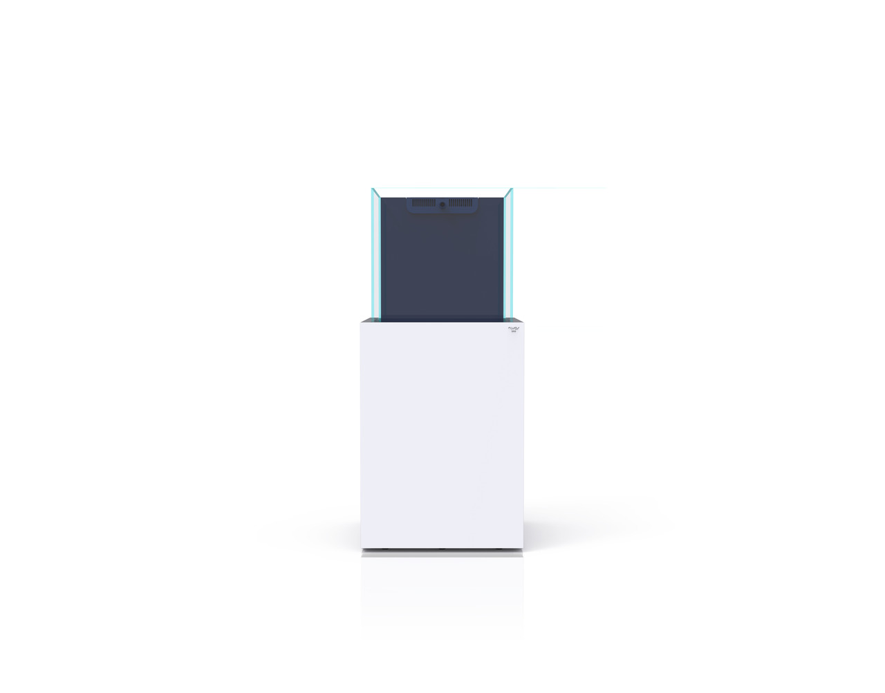 Nyos® Opus 300: Aquarium-Komplettsystem für Meerwasser, ideal für Korallen & Fische, modernes Design, Weiß, offener Deckel.