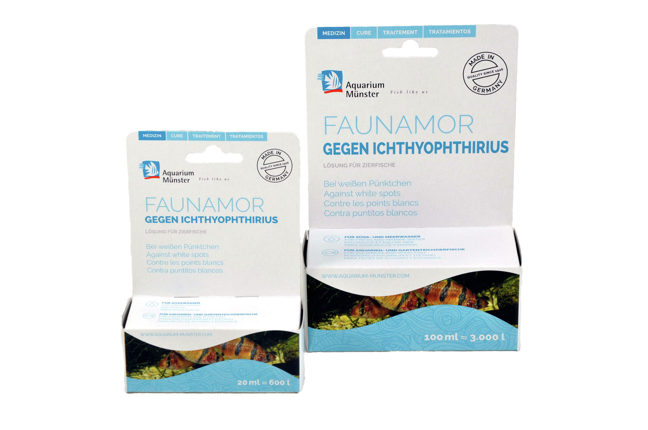 Aquarium Münster Faunamor, Lösung gg. weiße Pünktchenkrankheit, für Zierfische, Süß--Meerwasser, 20 ml (600 l) & 100 ml (3000 l), Made in Germany.