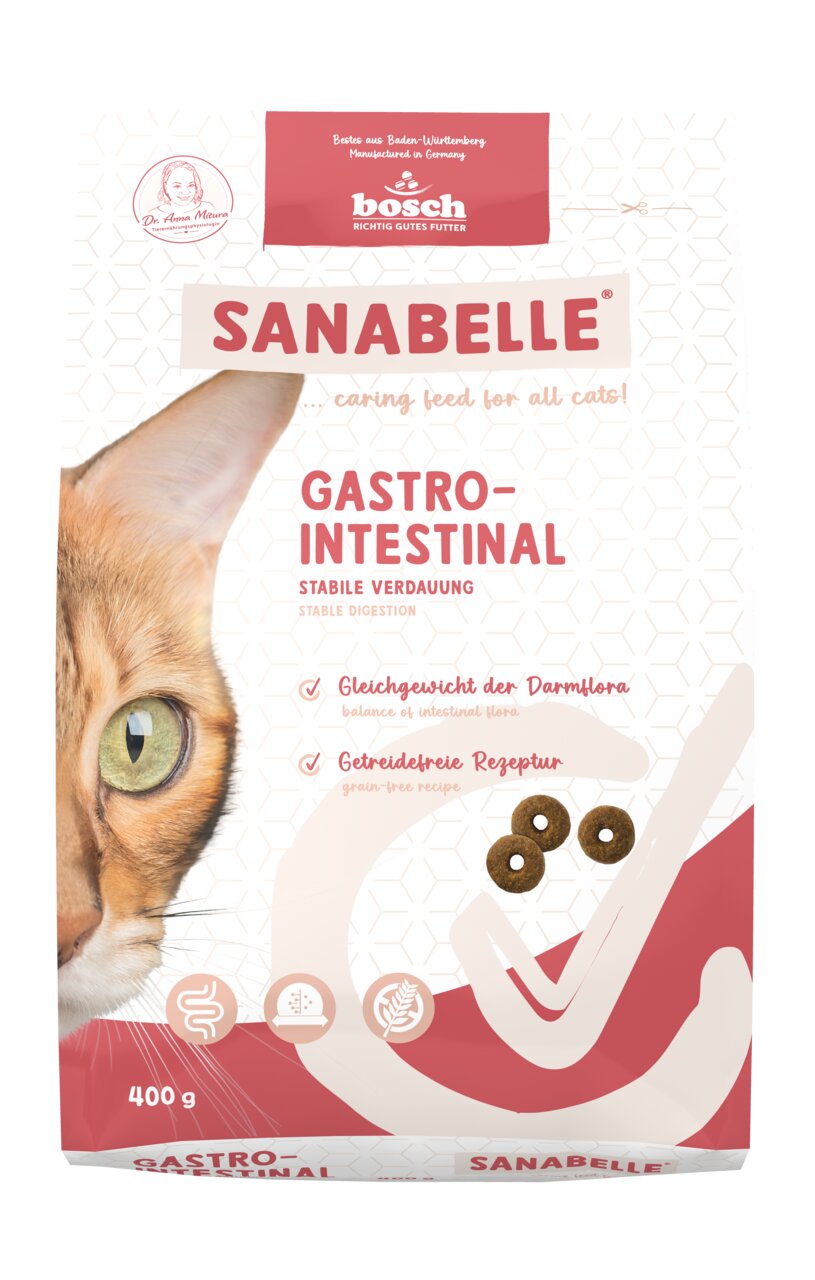 Bosch Sanabelle Gastro-Intestinal, Katzenfutter, getreidefrei, für empfindl. Verdauung, unterstützt Darmflora, 400 g.