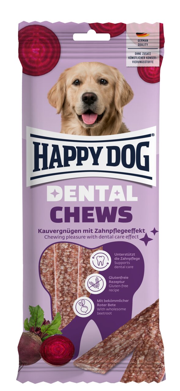 HAPPY DOG Dental Chews für Hunde, rote Bete, unterstützt Zahnpflege, glutenfrei, Kauvergnügen, 150 g Packung.