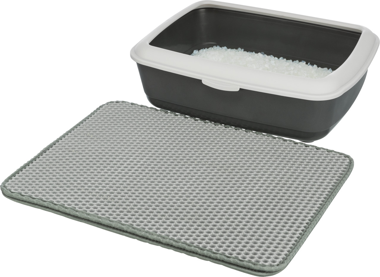 TRIXIE Katzentoilette m. Vorlegematte, dunkelgrau/weiß, inkl. Streu, Matte mit Wabenstruktur, hygienisch, ideal f. Katzenbesitzer.