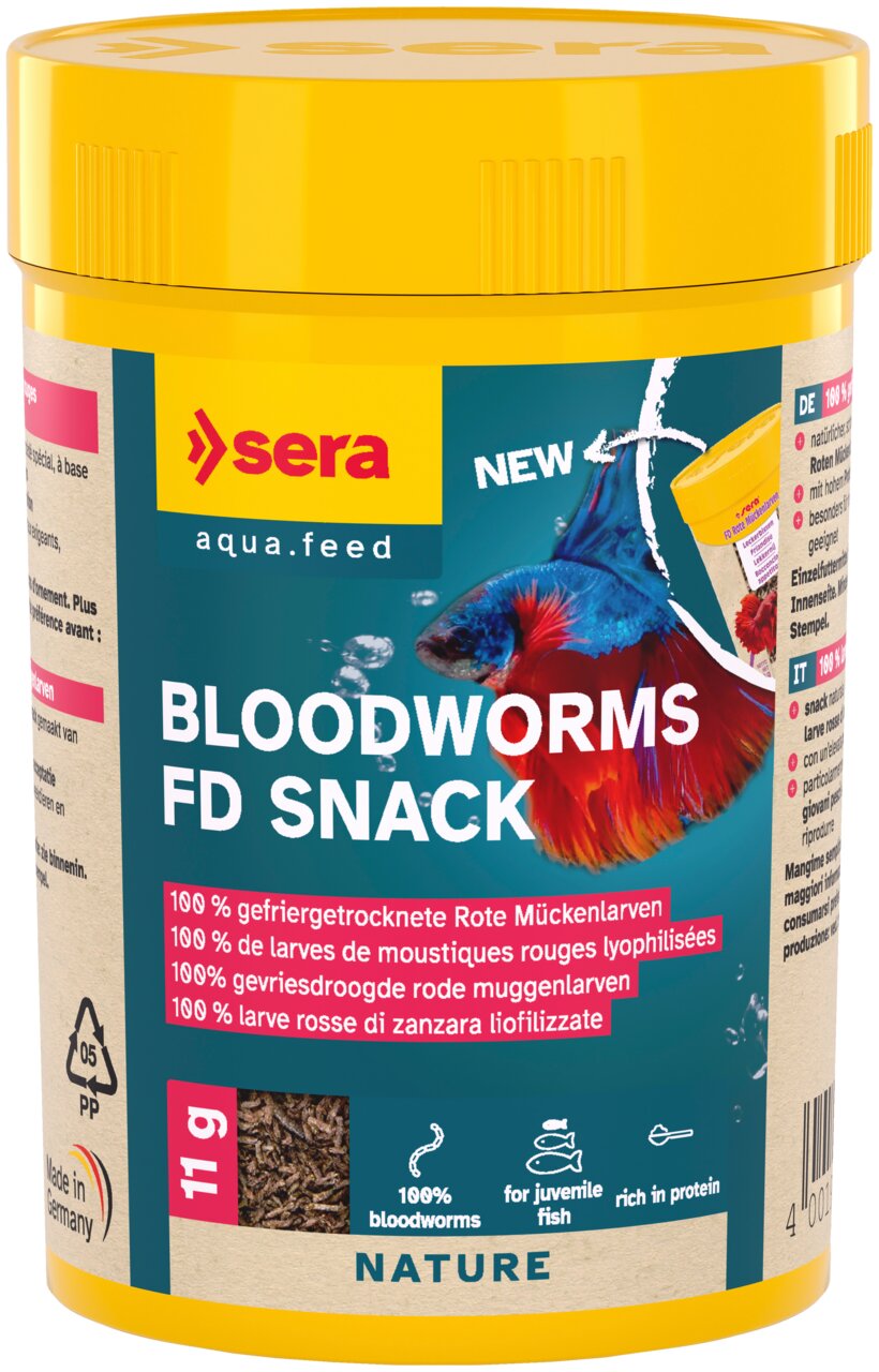 sera Bloodworms FD Snack für Zierfische, juveniler Fisch, rote Mückenlarven, 100% gefriergetrocknet, 11 g Dose