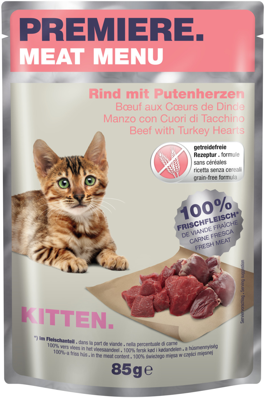 Das Bild zeigt eine Verpackung des Katzenfutters „PREMIERE Meat Menu“ für Kätzchen (Kitten) mit der Geschmacksrichtung „Rind mit Putenherzen“. Die getreidefreie Rezeptur wird hervorgehoben. Auf der Verpackung sind frische Fleischstücke und ein Kätzchen ab
