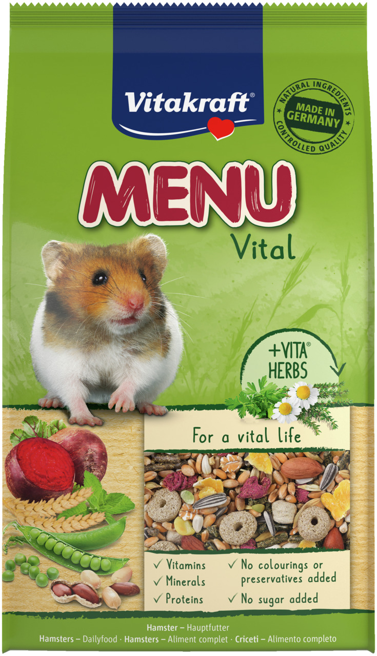 Vitakraft Menu Vital Hauptfutter f. Hamster, mit Vita-Herbs, Vitaminen, Mineralien, Proteinen, ohne Farb--Konservierungsstoffe, 400g.