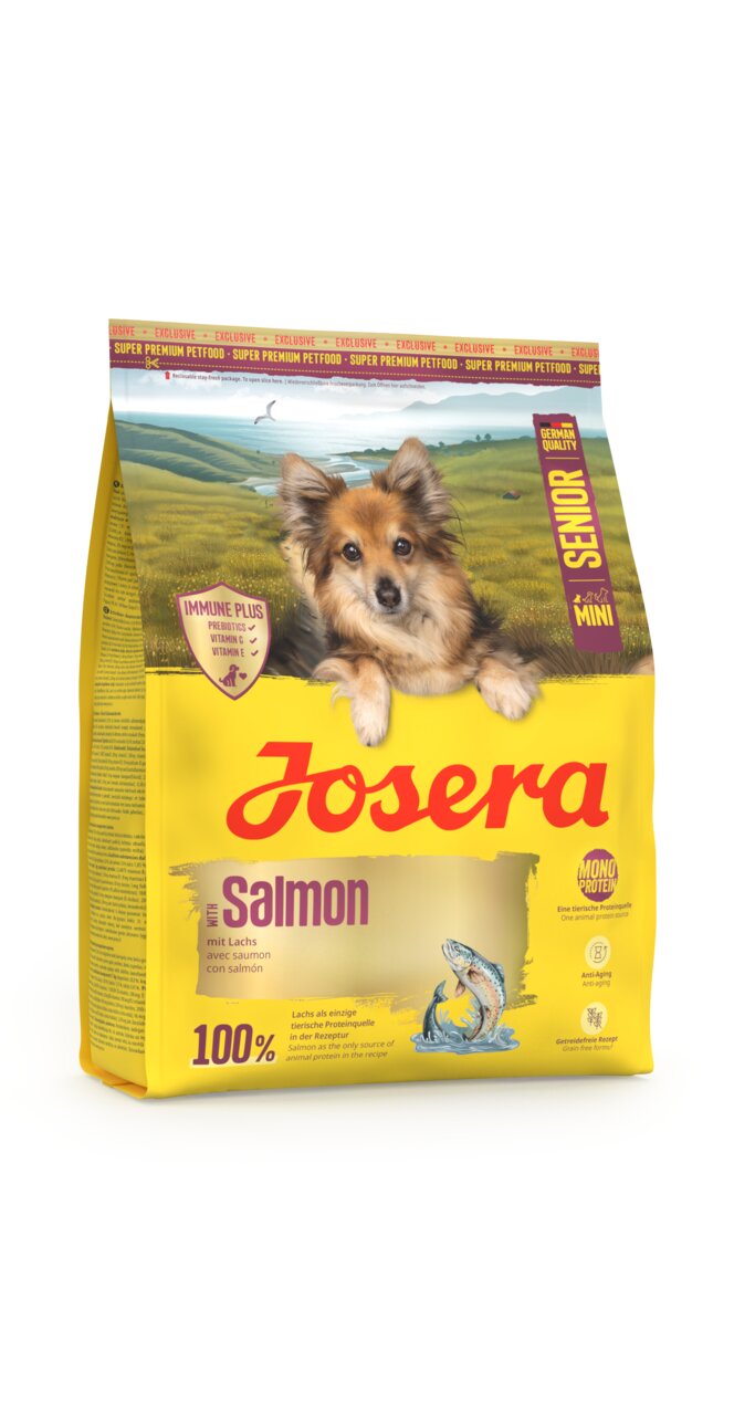 Josera MiniSenior Hundefutter für ältere Hunde, Geschmacksrichtung Lachs, immunstärkend, 100% Monoprotein, 900 g.