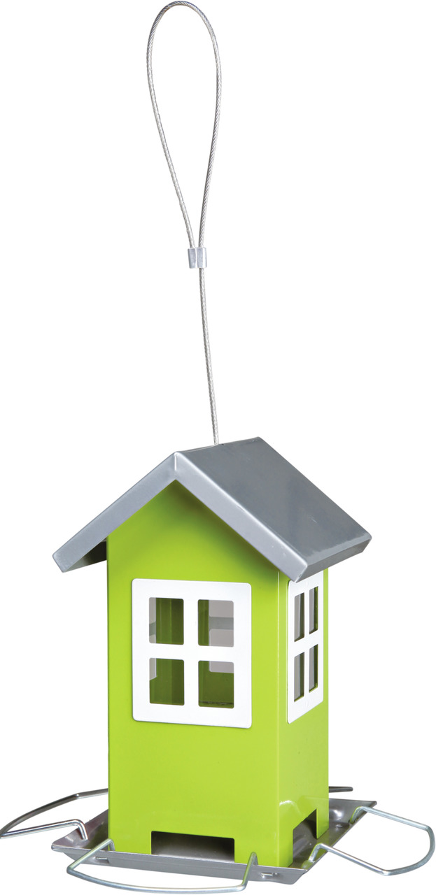 Grünes Vogelhaus von TRIXIE in Form eines kleinen Hauses mit silbernem Dach und weißen Fenstern. Ausgestattet mit einer stabilen Aufhängeschlaufe aus Metall und einer Sitzfläche für Vögel. Ideal für Wildvögel, um Futter anzubieten. Perfekt für den Garten 