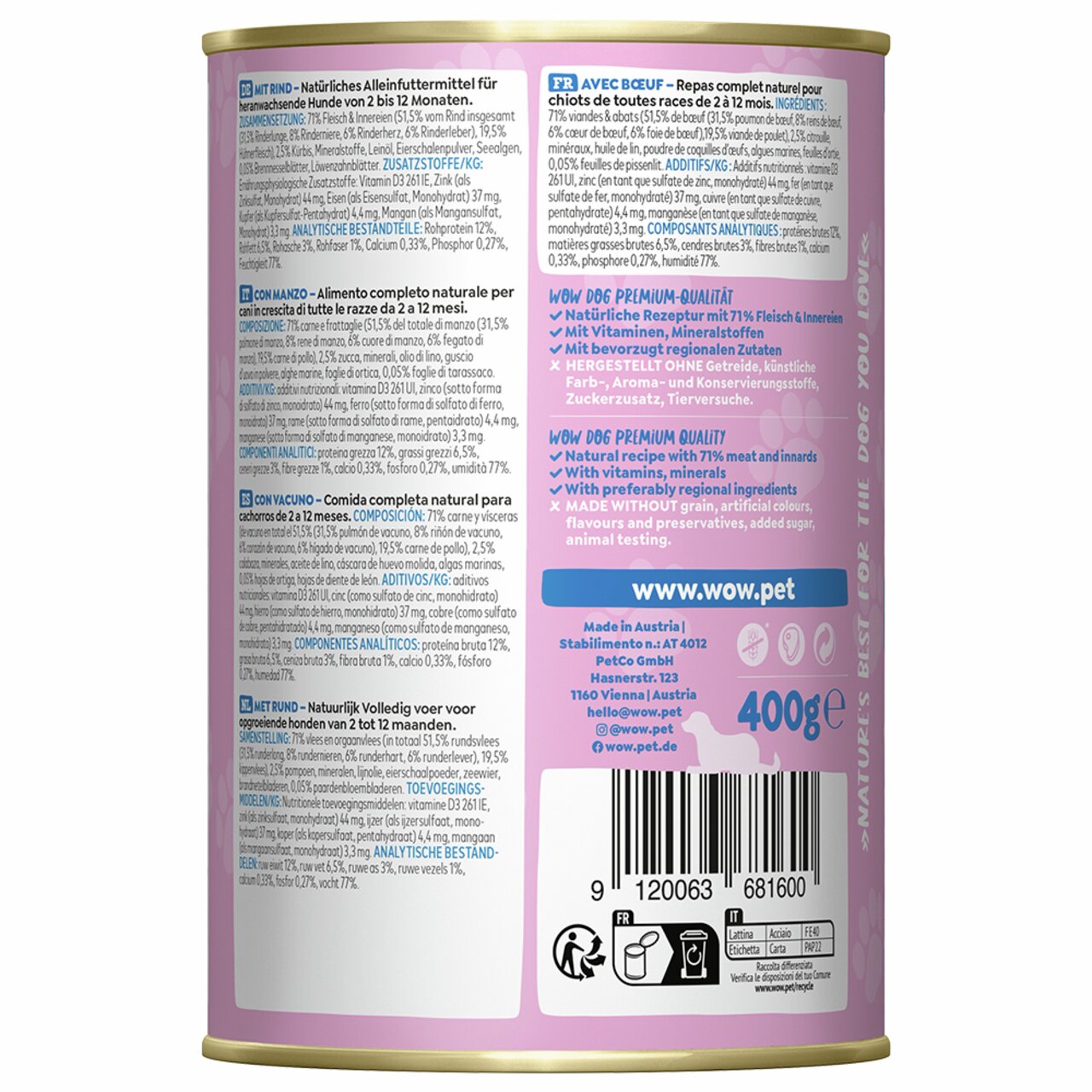 Hundefutter WOW DOG mit Rind für Welpen, 2–12 Monate, 400 g, 71 % Fleisch, ohne Konservierungsstoffe, Getreide und Zucker.