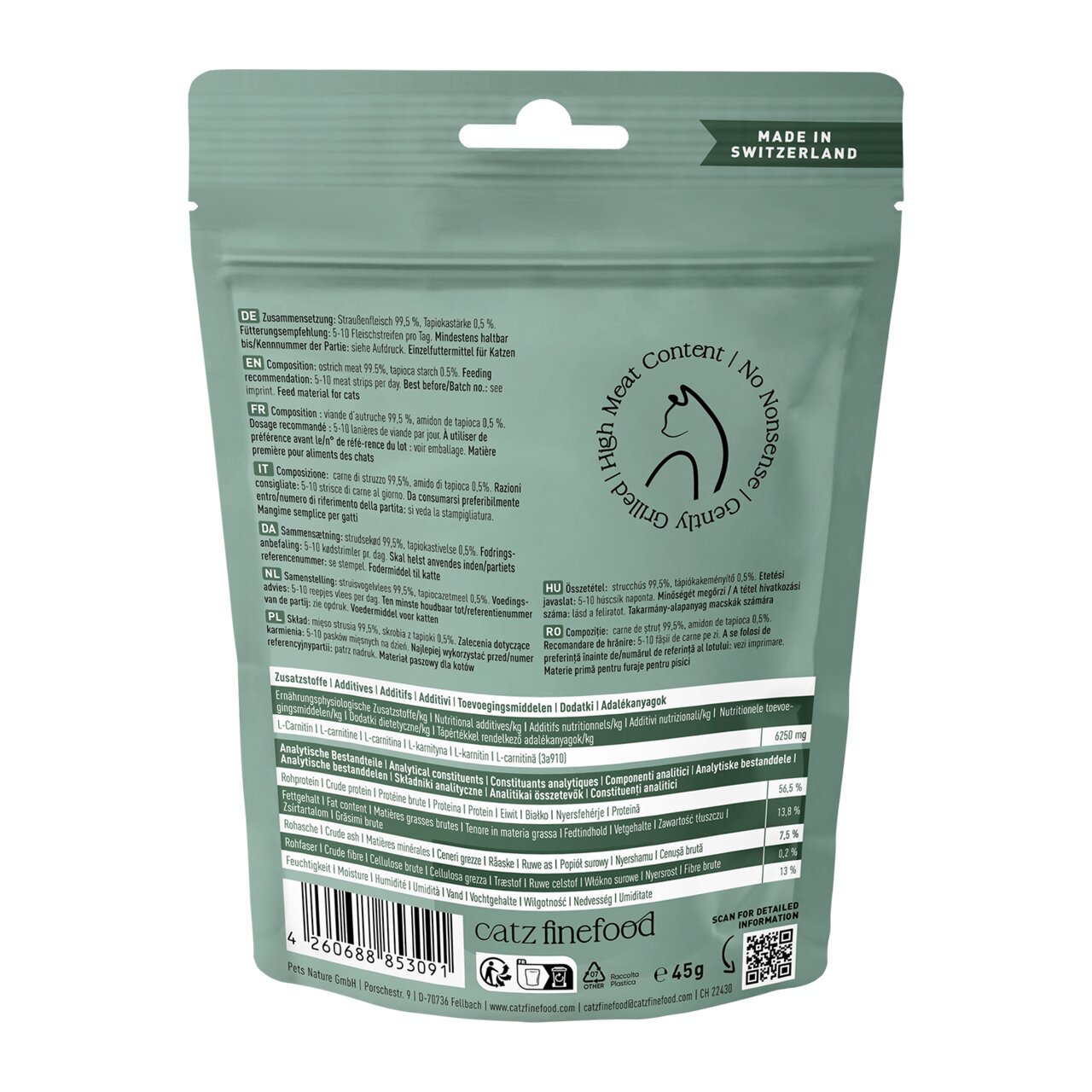 Catz finefood Katzen-Snack für alle Katzen, Straussenfleisch, 45 g Tüte, hoher Fleischanteil, ohne Zusatzstoffe, Made in Switzerland.