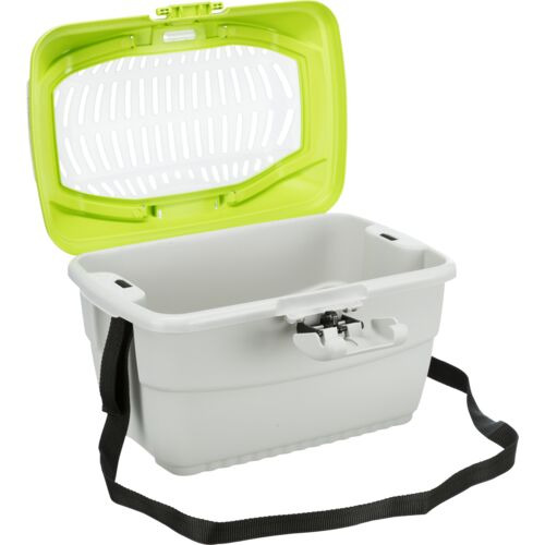 Das Bild zeigt die TRIXIE Transportbox "Gulliver" für Kleintiere in Weiß mit einem grünen Deckel. Die Box ist ideal für den sicheren Transport von kleinen Haustieren wie Kaninchen oder Meerschweinchen. Sie verfügt über einen Tragegurt, Belüftungsschlitze 