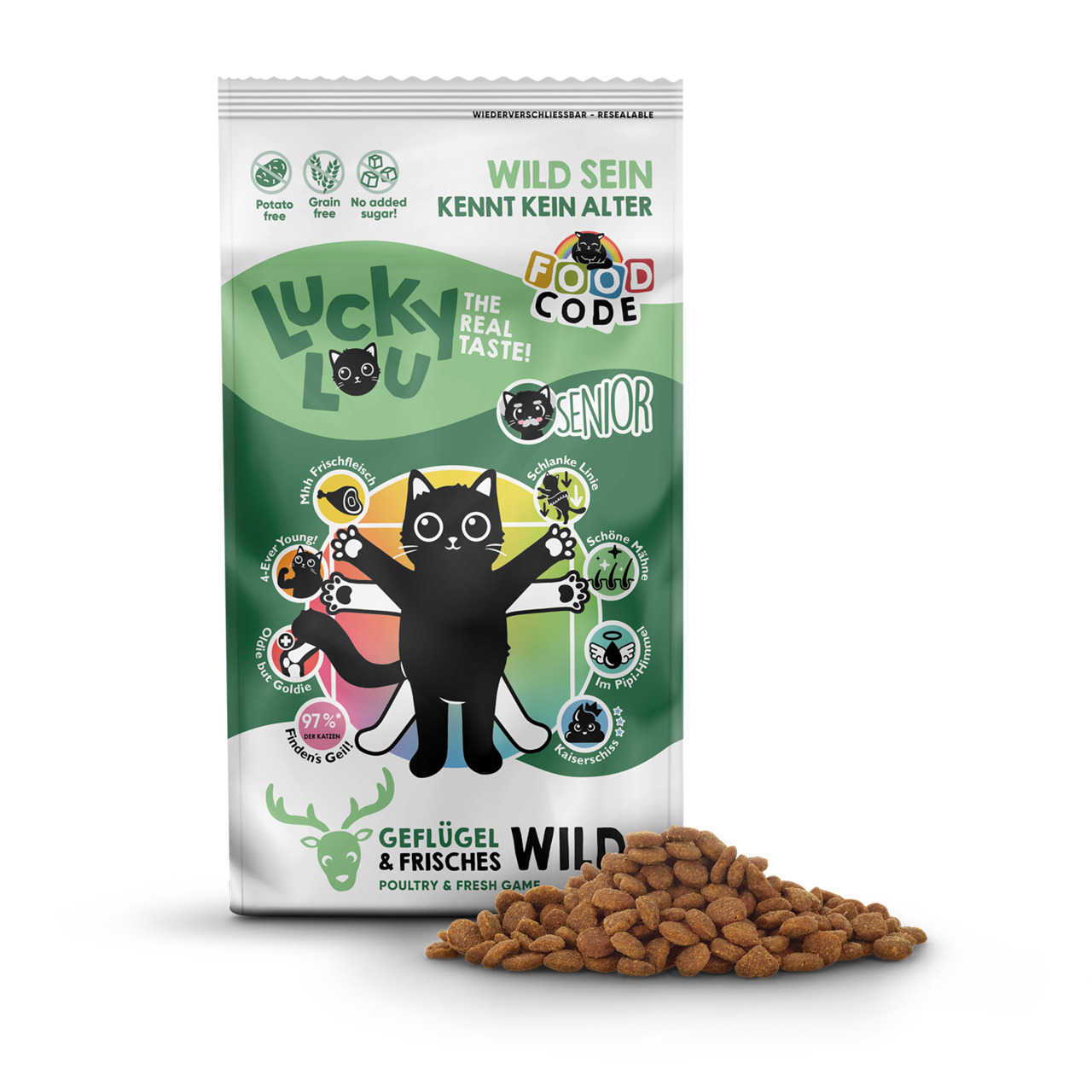 Lucky Lou Senior Katzenfutter, Geflügel & frisches Wild, für ältere Katzen, getreidefrei, ohne Zuckerzusatz, 97 % tierisches Eiweiß.