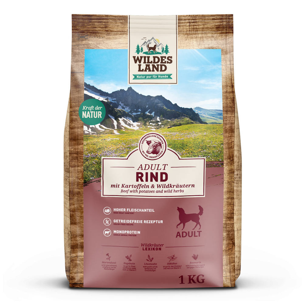 Wildes Land Hundefutter Adult, Rind mit Kartoffeln & Wildkräutern, 1 kg, hoher Fleischanteil, getreidefrei, Monoprotein.