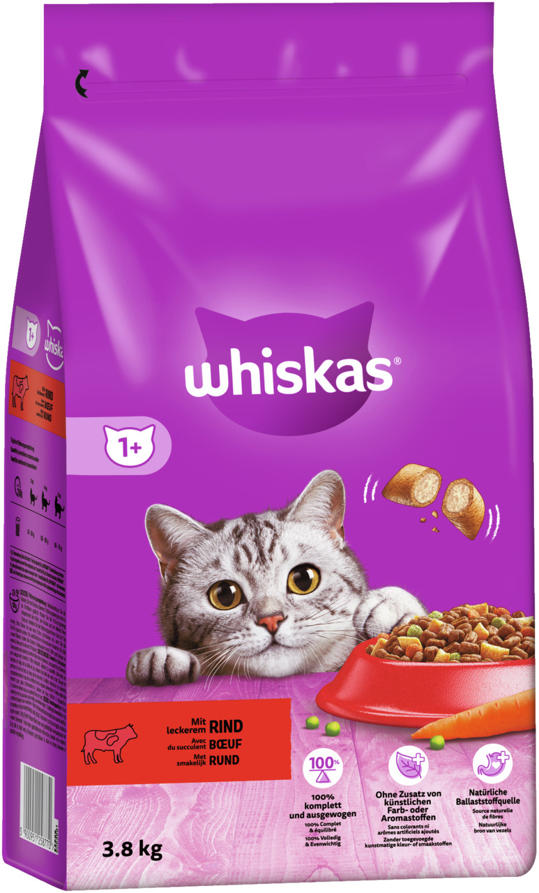 Whiskas 1+, Katzenfutter für ausgewachsene Katzen (ab 1 Jahr), Rind, 3,8 kg, 100 % komplett & ausgewogen, ohne künstl. Farb-/Aromastoffe.