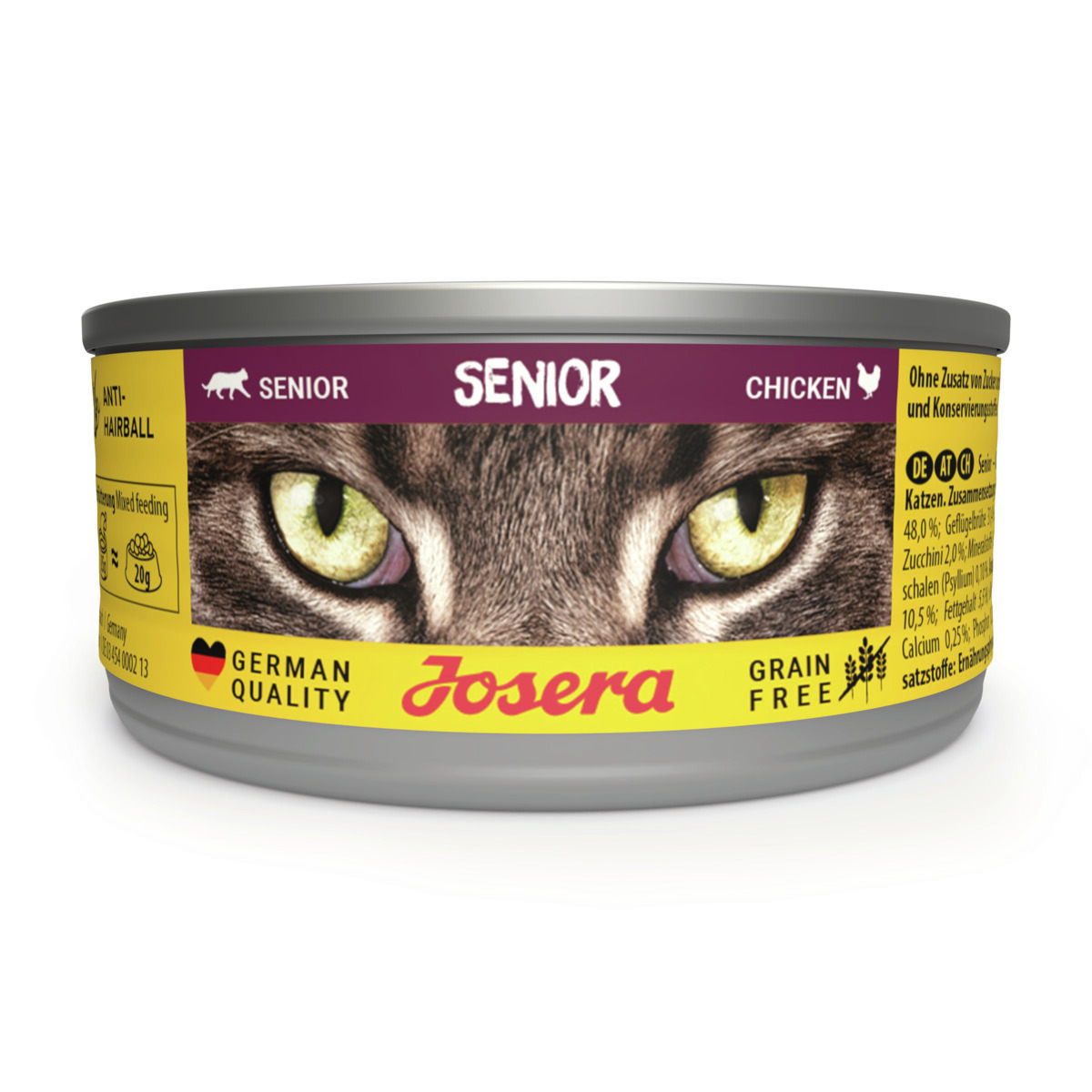 Josera Senior Katzenfutter Huhn, für ältere Katzen, 85 g, Grain Free, German Quality, Anti-Haarball, Katzenaugen auf Dose.