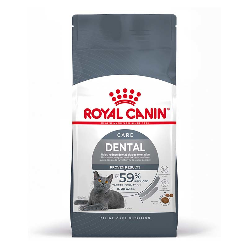 ROYAL CANIN Care Dental Katzenfutter, reduziert Zahnbelag um bis zu 59 % in 28 Tagen, speziell für Katzen, graue Katze abgebildet.