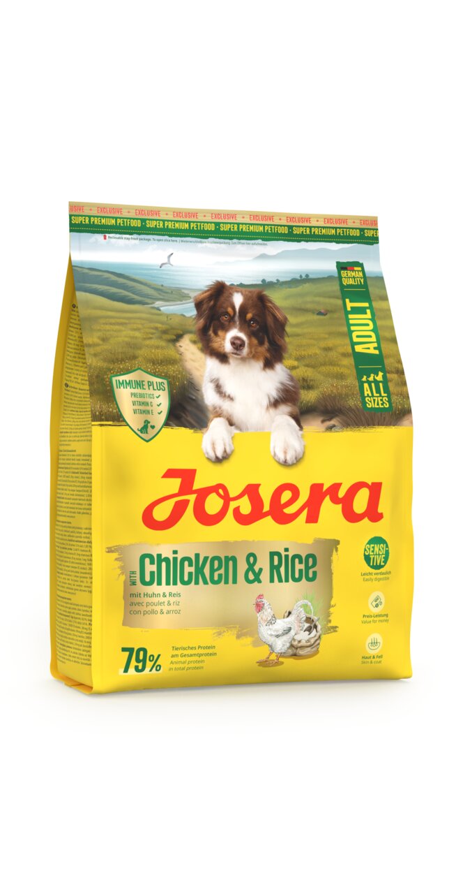 Josera Adult Hundefutter, Zielgruppe: Hunde, Geschmacksrichtung: Huhn & Reis, Menge: 15 kg, für empfindliche Verdauung geeignet.