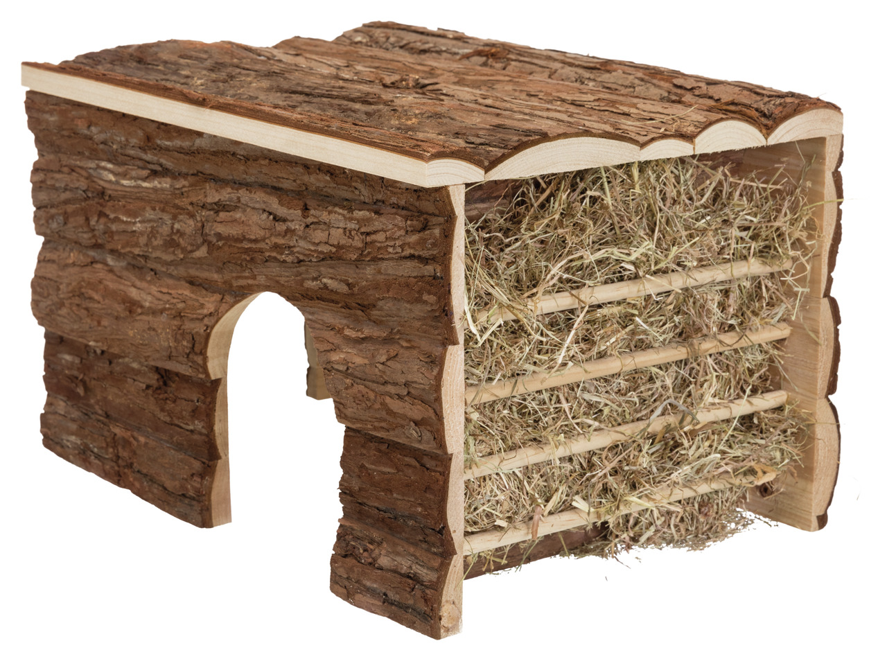 TRIXIE Heuhaus für Kleintiere, Nager (Kaninchen/Meerschweinchen), Naturholz, mit duftendem Heu, Versteck & Futterquelle.