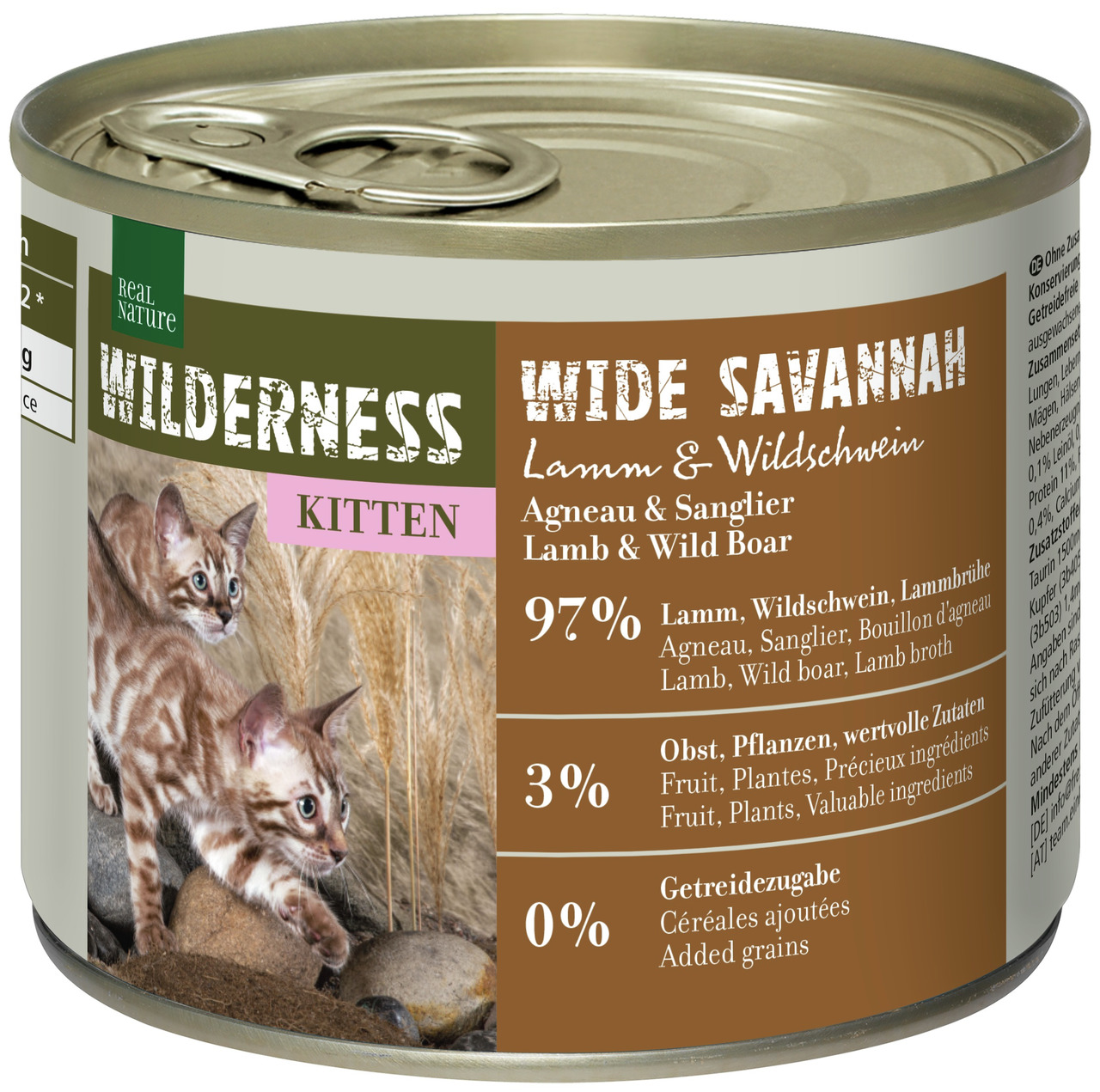 REAL NATURE WILDERNESS Wide Savannah Nassfutter für Kitten, Lamm & Wildschwein, 97 % tierische Zutaten, 200 g, ohne Getreide.