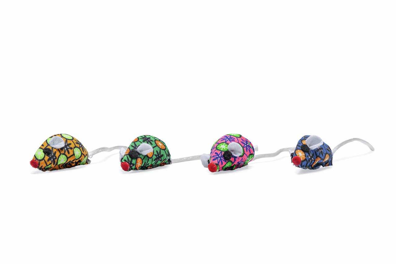 Vier bunte Spielzeugmäuse der Marke Beeztees, speziell für Katzen entwickelt. Jede Maus hat ein farbenfrohes Design mit Mustern in Orange, Grün, Pink und Blau. Die Mäuse besitzen rote Nasen, weiße Ohren und lange graue Schwänze. Perfekt für spielerische U